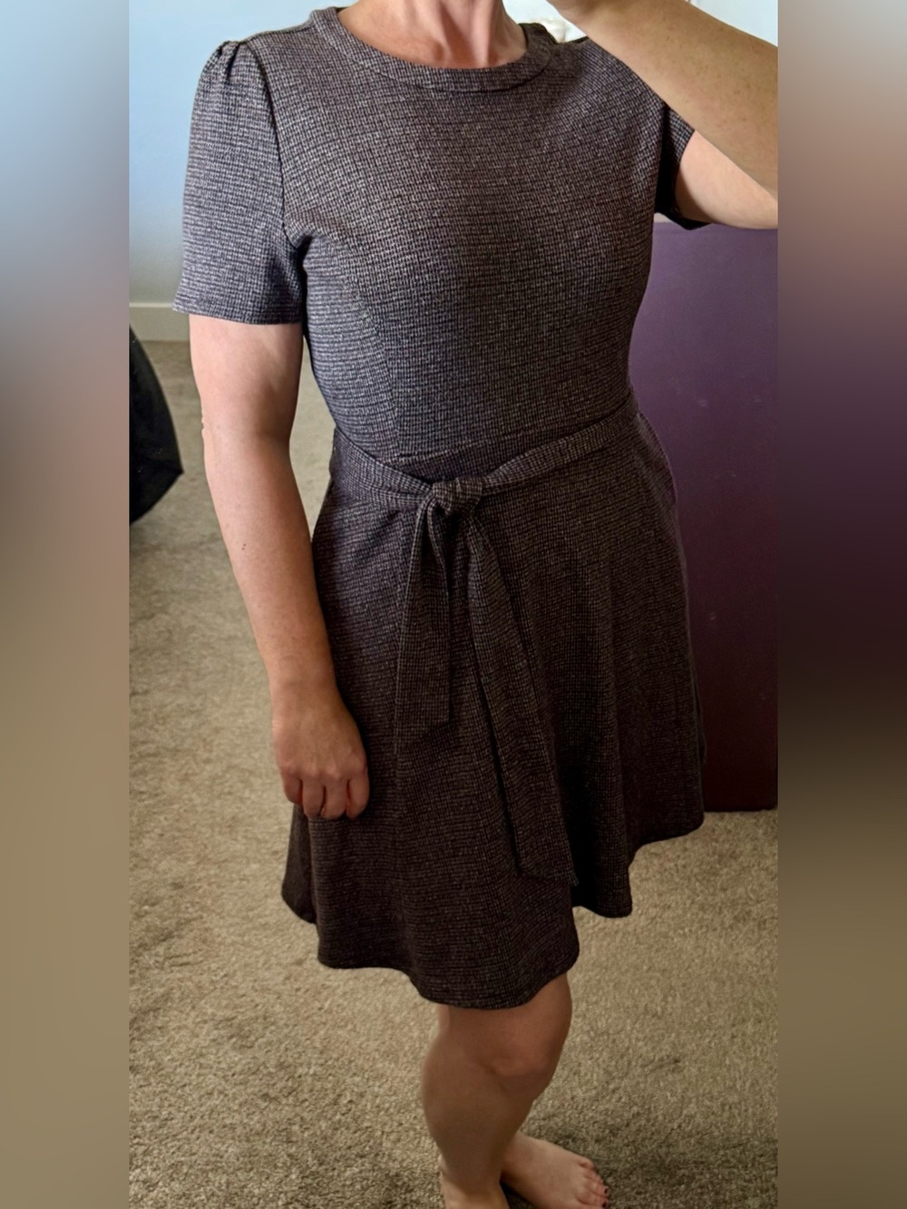 Short-Sleeve Purple Knit Tie-Waist Dress